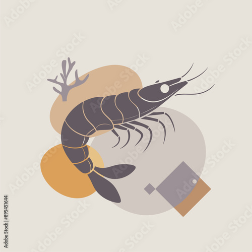 Large prawn shrimp, drawn by graphic lines on a blobs background. Element for a menu of fish restaurants, for packaging in markets and in stores. Healthy seafood concept
