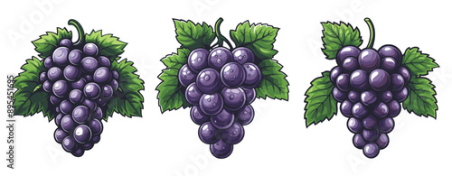 Purple grapes on a vine with green leaves cartoon illustration ,generative ai
