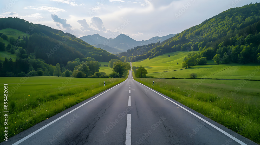 Naklejka premium Panoramic road landscape among green mountains. View of asphalt road in beautiful nature landscape. Road view in the beautiful nature of Europe. Bavaria, Germany.