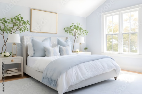 Bedroom Interior with Pastel Blue Shades. Frame Mockup. Copy Space