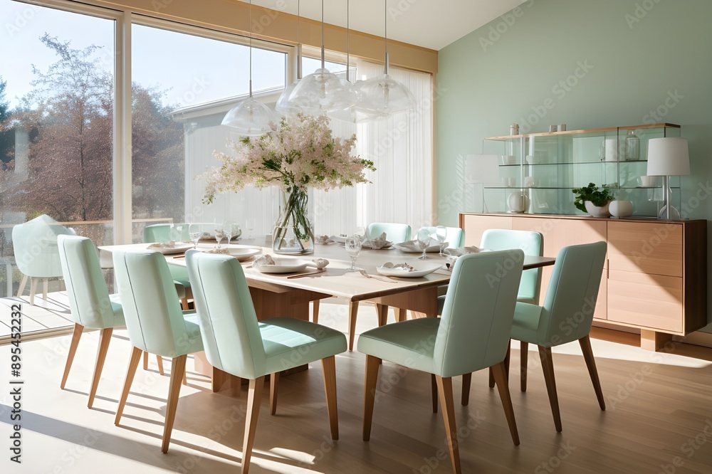 Dining Table with Mint-Colored Chairs and Flowering Plant
Dining Table with Mint-Colored Chairs and Flowering Plant