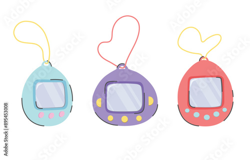 Mobile pocket game Tamagotchi. Vintage digital pet for kids. Old school simulator from the 90s. Set of vector illustrations
