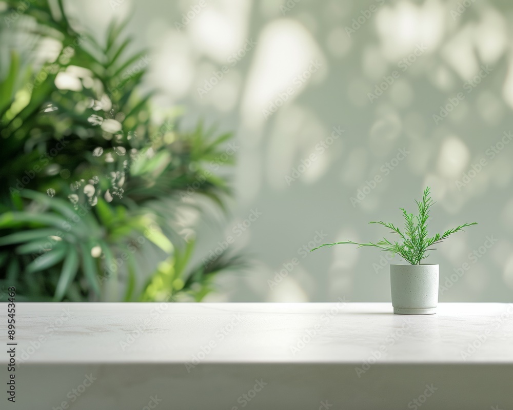Minimalist Soft White Table Surface with Botanical Bokeh Background - Fresh Natural Atmosphere, Daytime Sunlight, Spotless Product Display