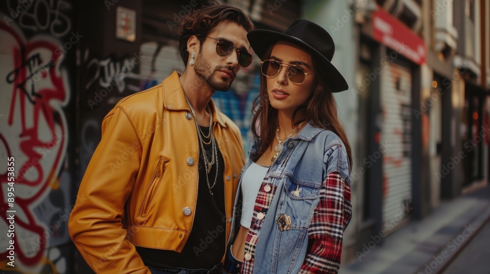 Trendy Urban Love - Fashionable Couple Posing in Stylish City Scene Trendy Urban Love - Fashionable Couple Posing in Stylish City Scene