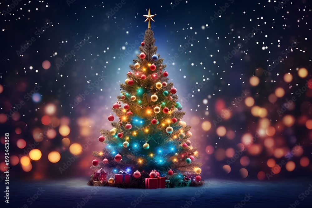 Decorated Christmas Tree With Festive Ornaments And Bokeh Lights Decorated Christmas Tree With Festive Ornaments And Bokeh Lights