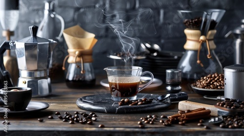 Premium Gourmet Coffee Setup: Barista Tools and Steaming Cup of Coffee on Display