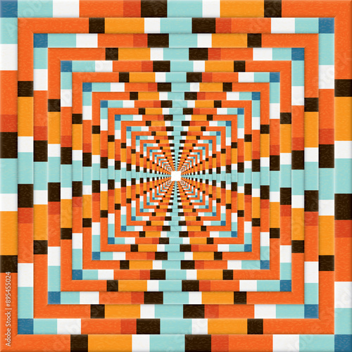 Abstract repeat of 3D colorful pallettes retro style rough texture square border background graphic illustration.
