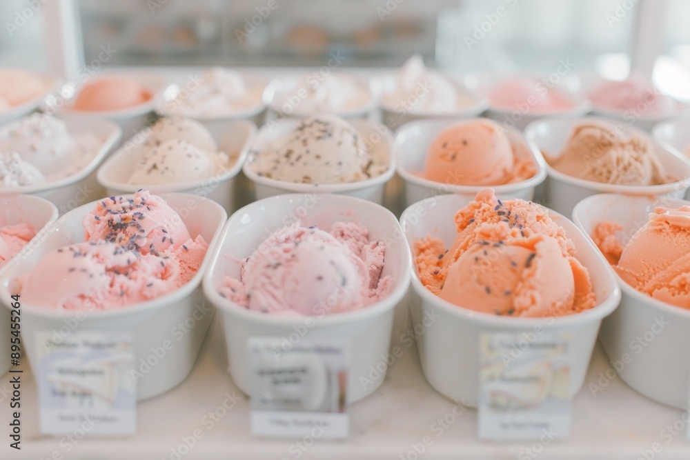 Freshly Presented Assorted Gourmet Vanilla Ice Creams with Creative Flavors in a Chic Boutique Ice Cream Shop, Morning Light, Happy and Delightful Mood Freshly Presented Assorted Gourmet Vanilla Ice Creams with Creative Flavors in a Chic Boutique Ice Cream Shop, Morning Light, Happy and Delightful Mood
