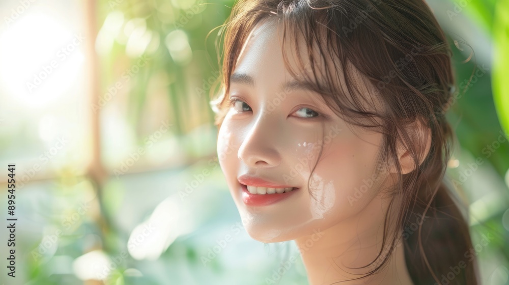 Radiant Asian Woman Applying Moisturizer with joy in a Bright and Airy Setting Radiant Asian Woman Applying Moisturizer with joy in a Bright and Airy Setting