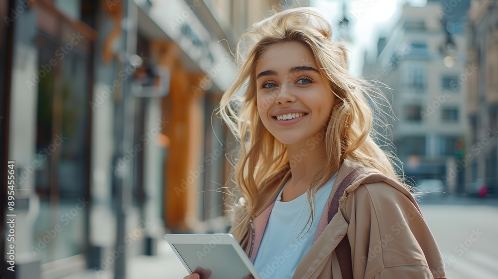 Confident Blonde Woman Smiling and Holding Tablet in Busy Urban City Street Confident Blonde Woman Smiling and Holding Tablet in Busy Urban City Street