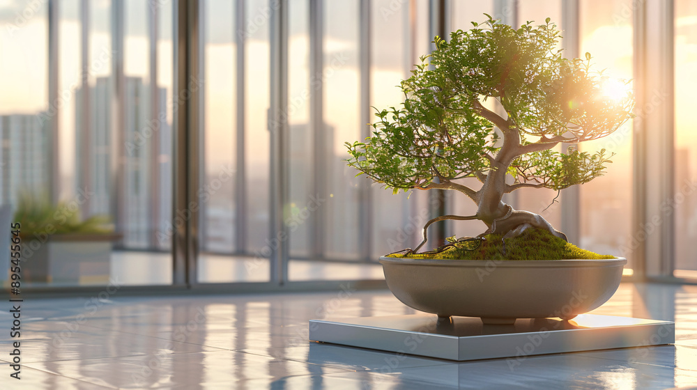 A vibrant bonsai tree in a unique pot design, positioned on a sleek metal stand in a modern office with clean lines and natural light streaming through large windows, captured in UHD 8k as a A vibrant bonsai tree in a unique pot design, positioned on a sleek metal stand in a modern office with clean lines and natural light streaming through large windows, captured in UHD 8k as a