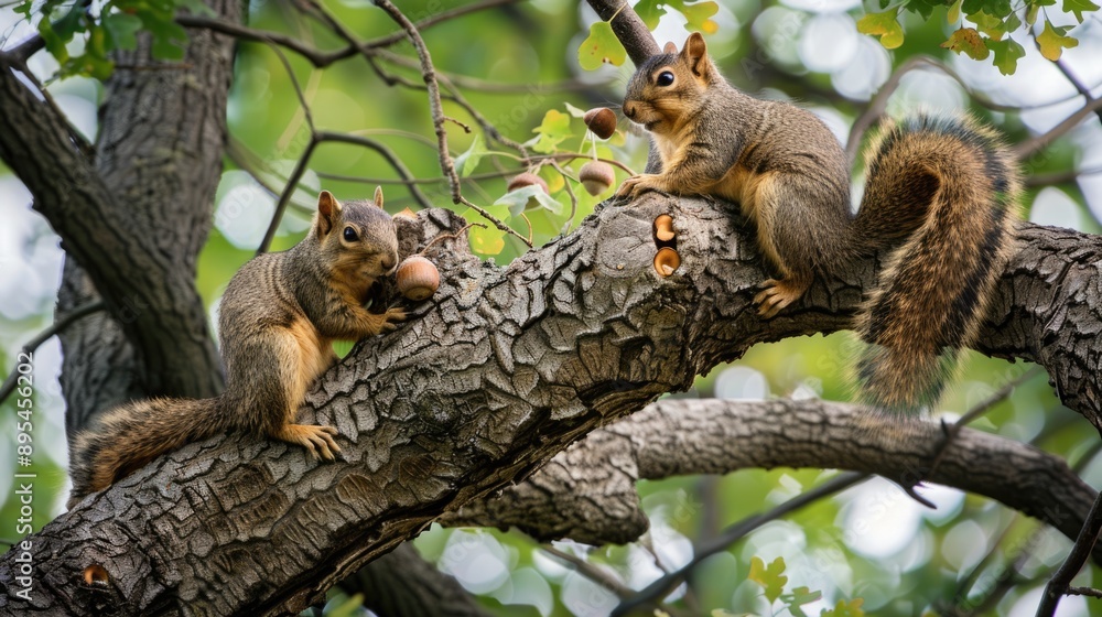 Obraz premium Squirrels Frolicking in a Majestic Oak Tree Canopy - Adorable Rodents Gathering Acorns Amid Lush Green Foliage