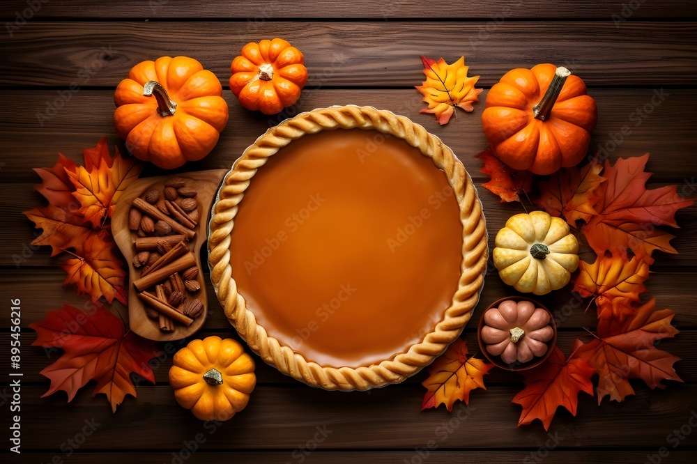 Pumpkin Pie, Maple Leaves, and Pumpkins on a Wooden Background. Copy Space. Autumn Flat Lay Pumpkin Pie, Maple Leaves, and Pumpkins on a Wooden Background. Copy Space. Autumn Flat Lay