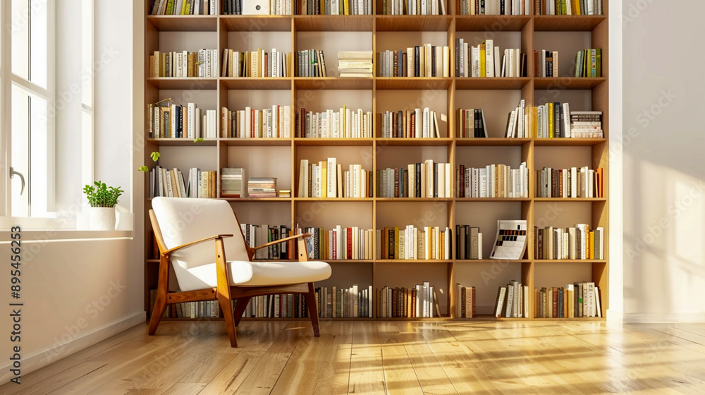Minimalist home library with a reading chair and bookshelf, quiet ambiance, copy space. Minimalist home library with a reading chair and bookshelf, quiet ambiance, copy space.