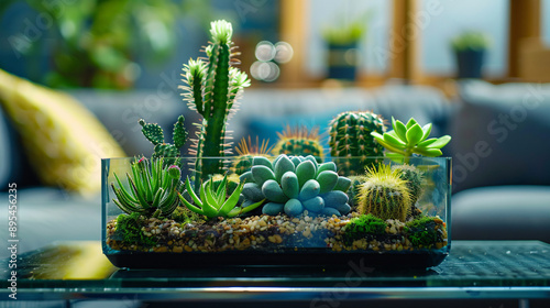 A dynamic terrarium with a variety of cacti and succulents in a rectangular glass container, placed on a modern coffee table, captured in UHD, 8K  photo