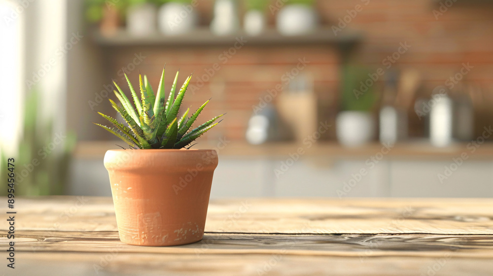 A mini plant in a simple terracotta pot, set on a rustic wooden kitchen counter, depicted in UHD A mini plant in a simple terracotta pot, set on a rustic wooden kitchen counter, depicted in UHD
