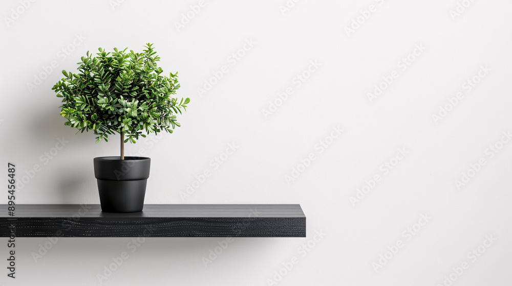 A mini plant in a stylish black pot, set on a floating shelf against a plain white wall, captured in UHD A mini plant in a stylish black pot, set on a floating shelf against a plain white wall, captured in UHD