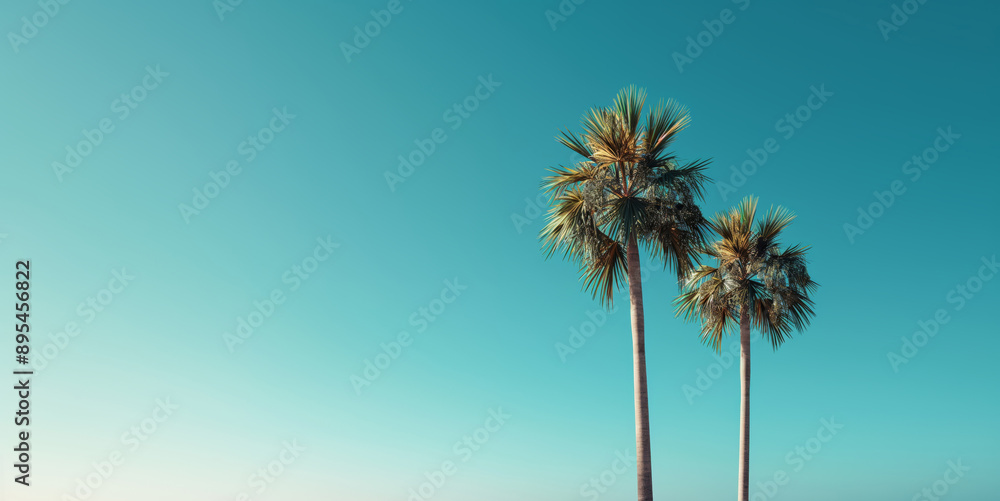 Obraz premium Palm Trees Against Clear Blue Sky, Tropical Vacation, Relaxation, and Summer, Scenic View