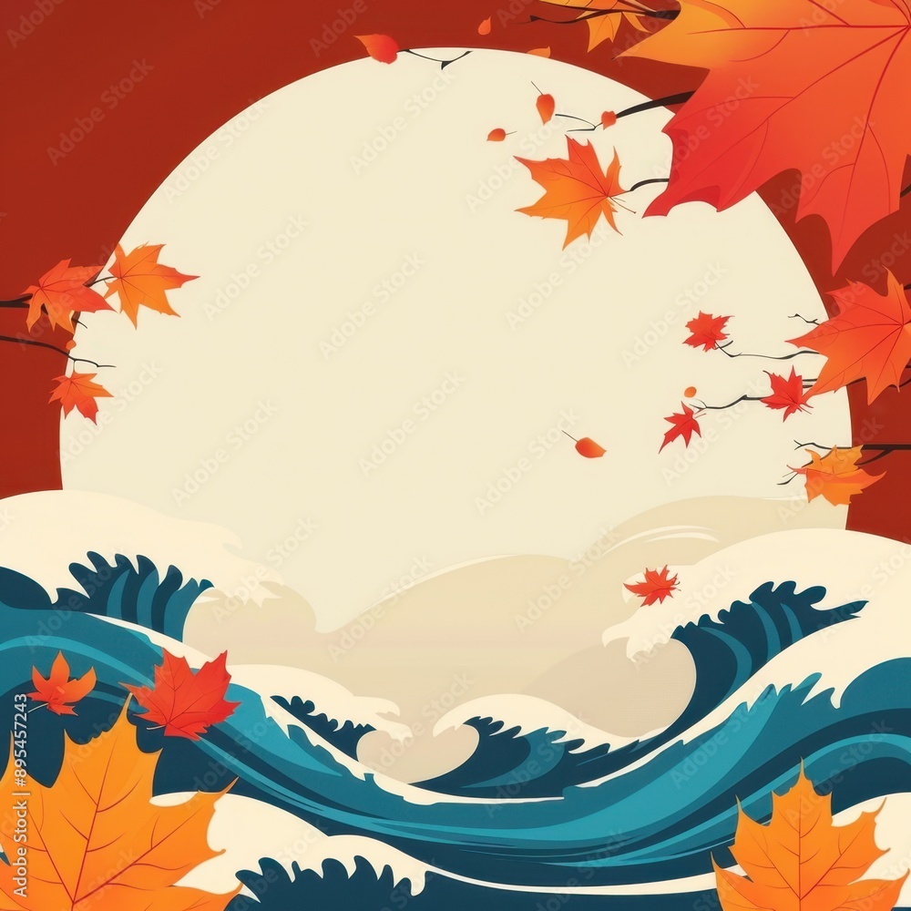 Autumn leaves and Japanese waves, flat design illustration Autumn leaves and Japanese waves, flat design illustration