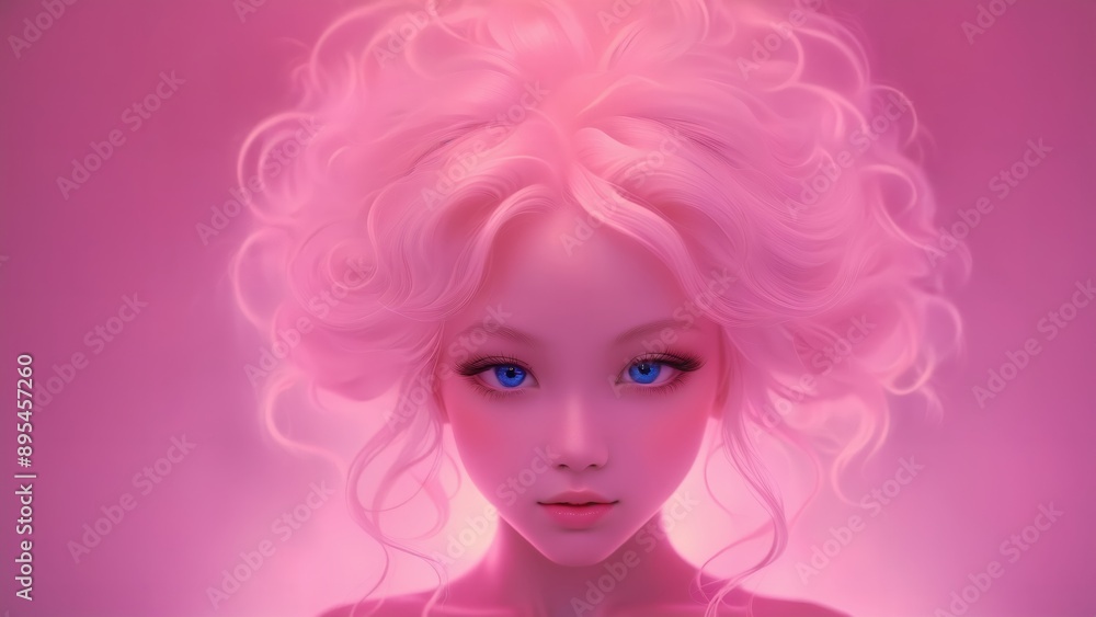 Generative AI, Enchanting portrait of a mystical figure with ethereal pink hair and piercing blue eyes, radiating a soft, otherworldly glow, blending beauty and fantasy in a dreamlike atmosphere. Generative AI, Enchanting portrait of a mystical figure with ethereal pink hair and piercing blue eyes, radiating a soft, otherworldly glow, blending beauty and fantasy in a dreamlike atmosphere.