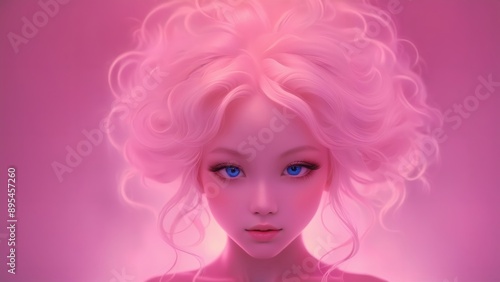 Generative AI, Enchanting portrait of a mystical figure with ethereal pink hair and piercing blue eyes, radiating a soft, otherworldly glow, blending beauty and fantasy in a dreamlike atmosphere.