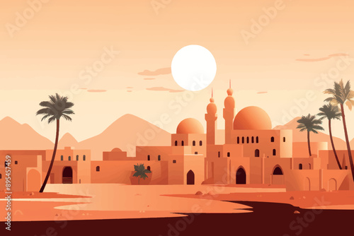 Desert mosque sunset landscape