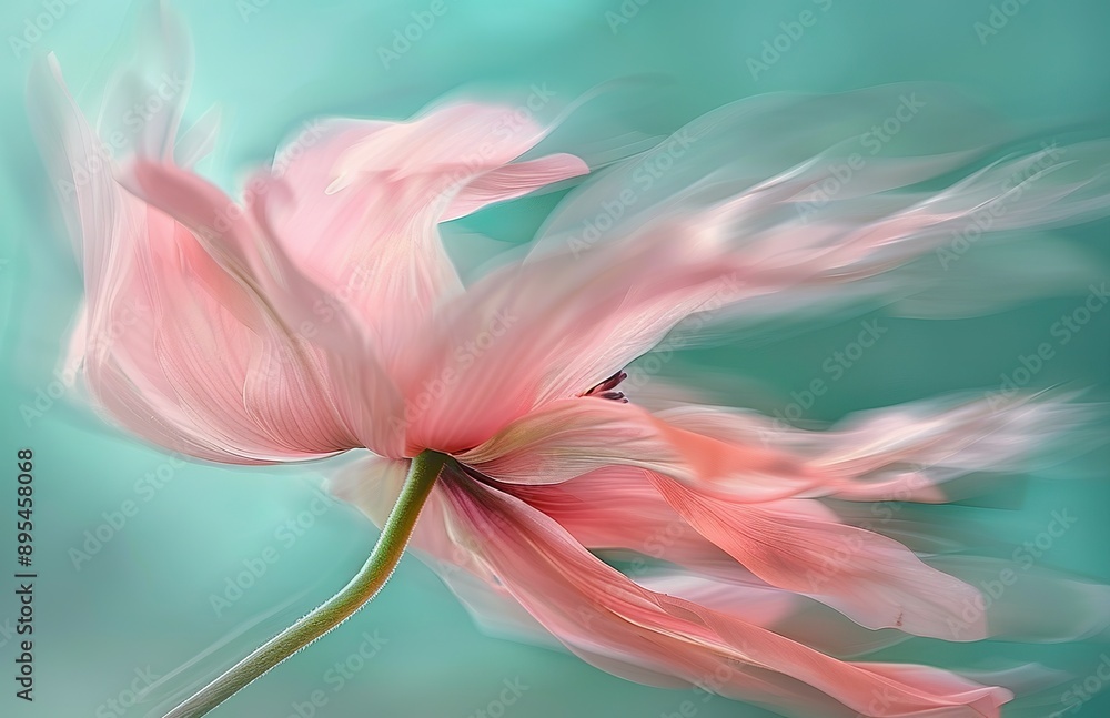 A pink anemone flower with long, flowing petals that seem to dance in the wind motion effect against a soft teal background A pink anemone flower with long, flowing petals that seem to dance in the wind motion effect against a soft teal background