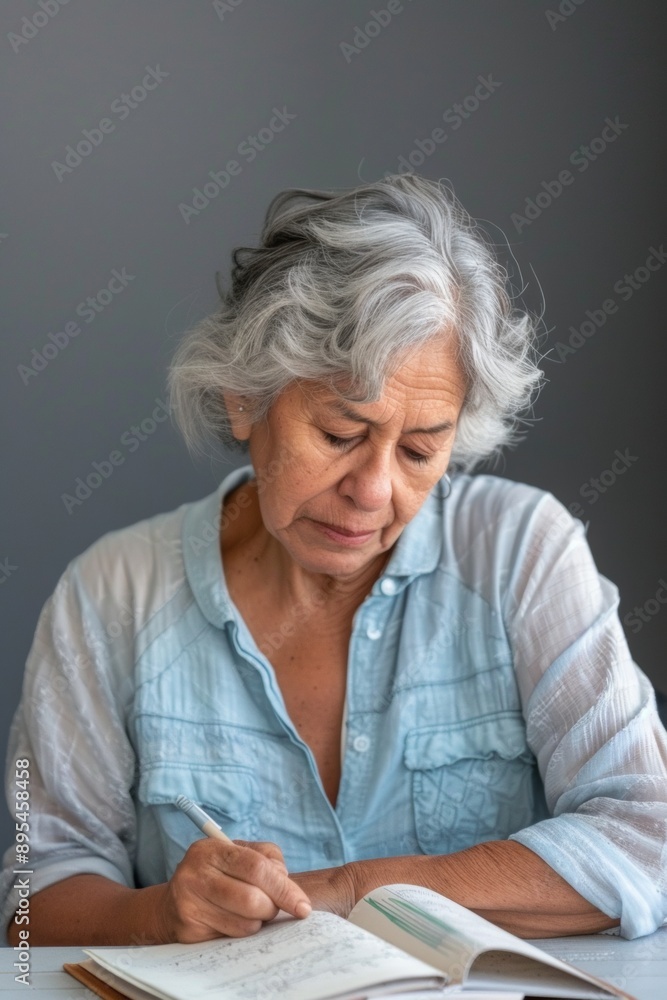 Thoughtful Elderly Hispanic Woman Writing in Journal at Desk on National Gorgeous Grandma Day