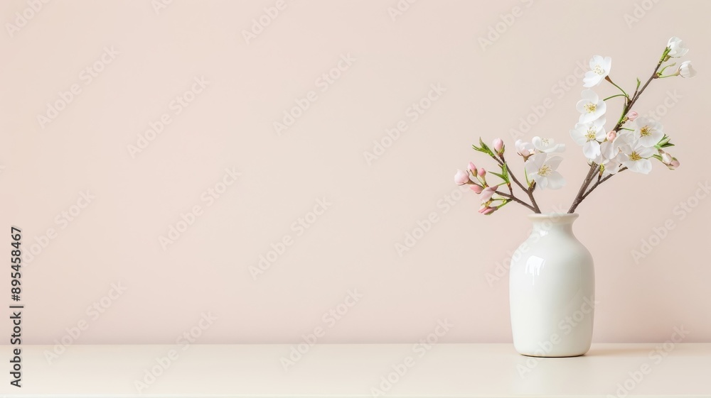 A hand-painted ceramic vase with a cherry blossom branch in a Zen garden. A hand-painted ceramic vase with a cherry blossom branch in a Zen garden.