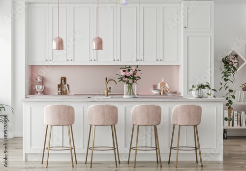 Kitchen interior with pink wall, wooden floor, white countertops with built in sink and bar stools.