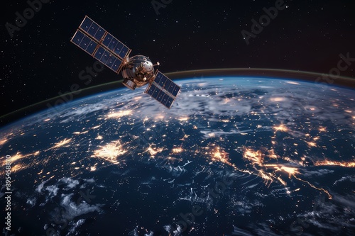 Global network: Satellite in space over earth at night