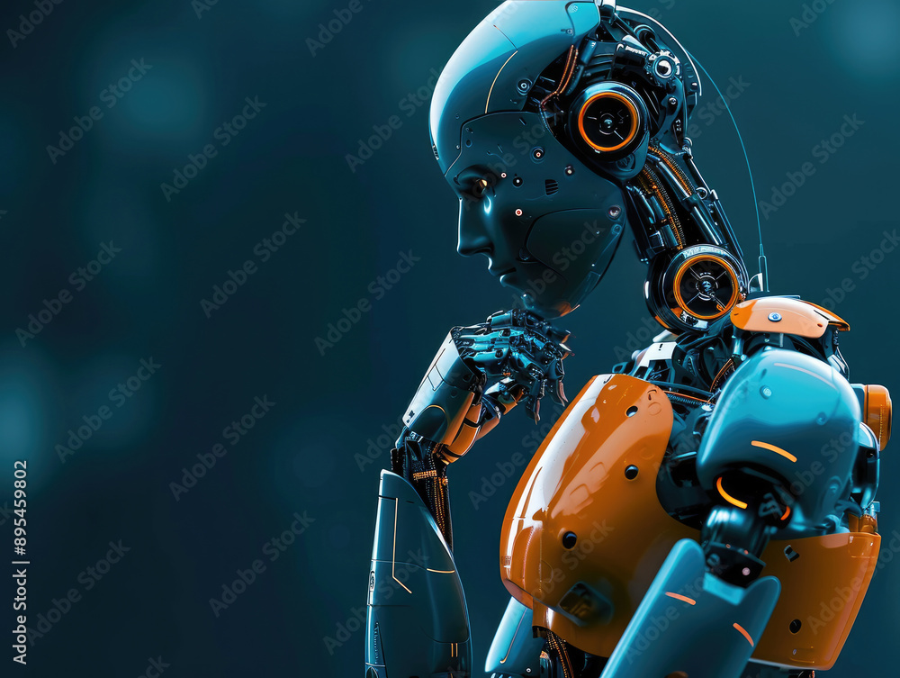 Fototapeta premium robot Ai standing and thinking, blue and orange, left hand to chin, line in the background
