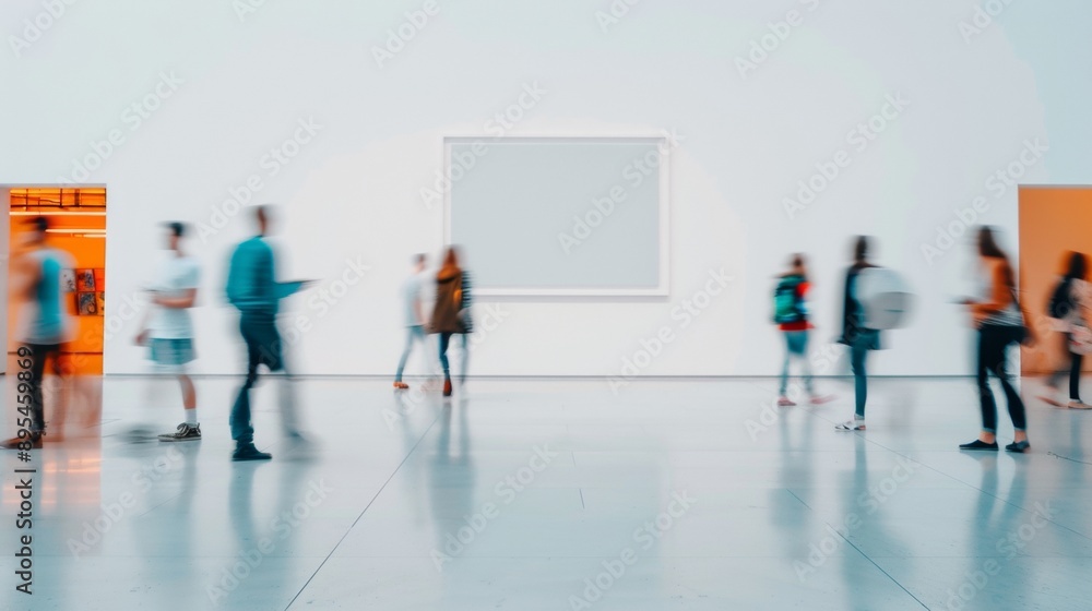 Modern Minimalist Interior with People in Motion Blur Passing by Soft White Wall and Frame Mockup in Vibrant Natural Light Modern Minimalist Interior with People in Motion Blur Passing by Soft White Wall and Frame Mockup in Vibrant Natural Light