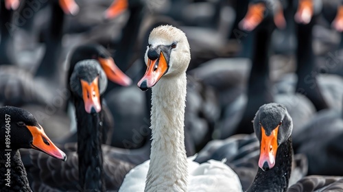 Close-Up of White Swan Among Black Swans, Symbolizing Distinctive Leadership photo