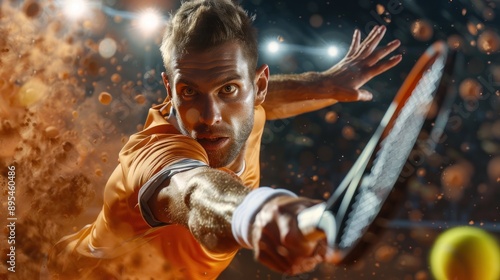 Close-up of a tennis player hitting a powerful serve during an Olympic match, intense focus and athletic form, clay court setting, Portrait close-up, hyper-realistic, high detail, photorealistic,