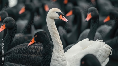 Close-Up of White Swan Among Black Swans, Symbolizing Distinctive Leadership photo