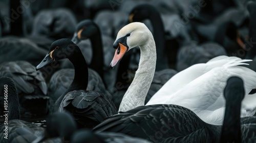 Close-Up of White Swan Among Black Swans, Symbolizing Distinctive Leadership photo