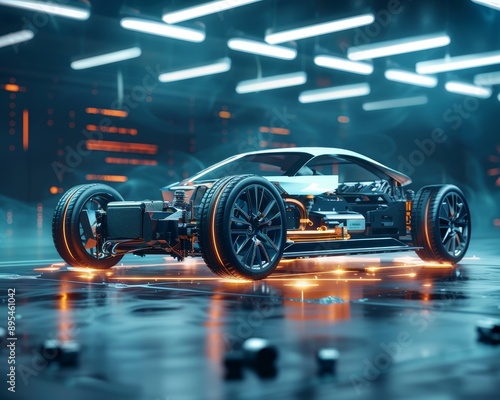 futuristic electric sport fast car chassis and battery packs with high performance or future EV fatory production and prototype showcase concepts as wide banner with copy space area.