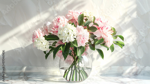 Fototapeta Naklejka Na Ścianę i Meble -  Stunning bouquet of peonies and hydrangeas in a clear vase, arranged on a marble countertop with soft lighting, rendered in UHD as a masterpiece 