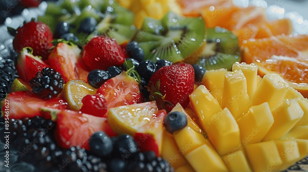 A colorful fruit salad on a white plate with strawberries, blueberries, raspberries, and blackberries A colorful fruit salad on a white plate with strawberries, blueberries, raspberries, and blackberries