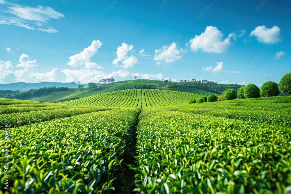 A green tea plantation with lush tea bushes stretching towards the horizon. A green tea plantation with lush tea bushes stretching towards the horizon.