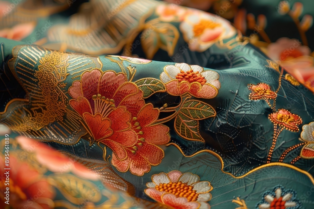 Macro shot of silk kimono fabric with embroidery and gold thread. Macro shot of silk kimono fabric with embroidery and gold thread.