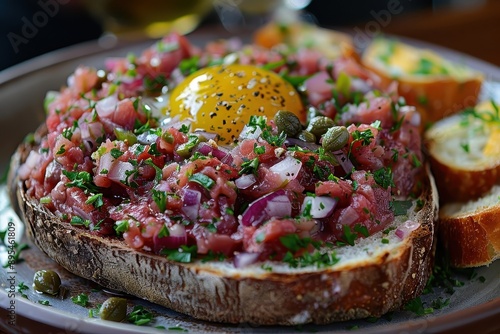 A steak tartare served with toasted bread. photo