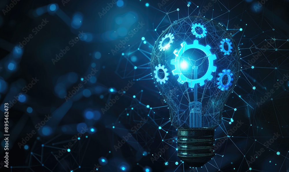 Abstract blue glowing light bulb with gears inside. Machine learning and AI concept Low poly style design. Abstract geometric background. Wireframe light connection structure Abstract blue glowing light bulb with gears inside. Machine learning and AI concept Low poly style design. Abstract geometric background. Wireframe light connection structure
