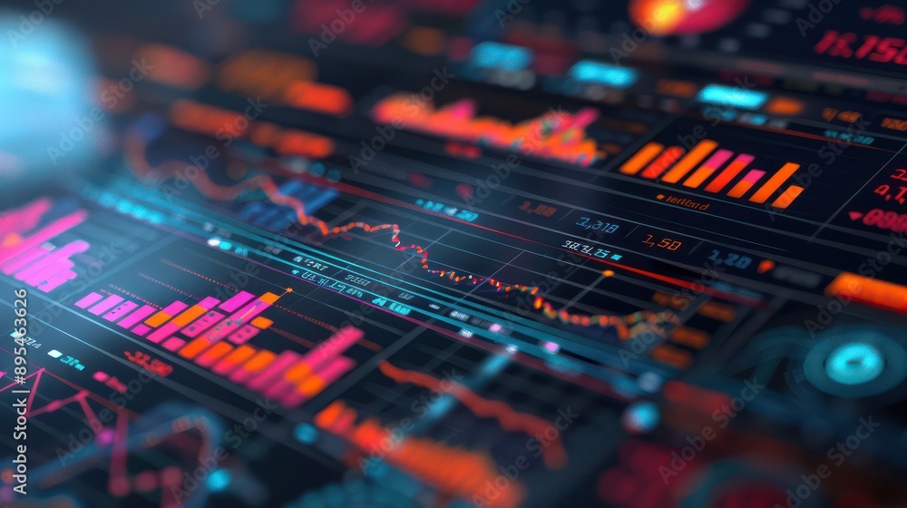 close-up of a modern digital device displaying stock market analytics, with colorful graphs and data overlays on a sleek surface close-up of a modern digital device displaying stock market analytics, with colorful graphs and data overlays on a sleek surface