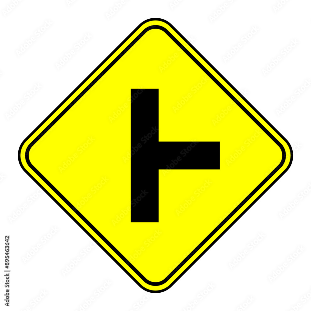 T-junction left sign, vector illustration, icon, traffic road sign, Isolate On White Background, Symbols, T junction sign on yellow background T-junction left sign, vector illustration, icon, traffic road sign, Isolate On White Background, Symbols, T junction sign on yellow background