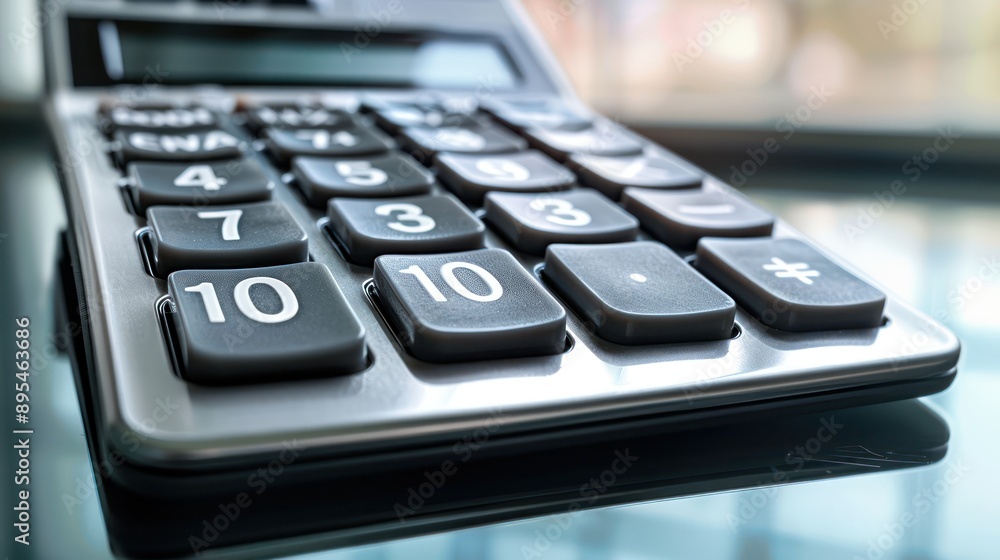 close-up of a modern financial calculator with dynamic budget calculations displayed on its screen, on a reflective surface close-up of a modern financial calculator with dynamic budget calculations displayed on its screen, on a reflective surface