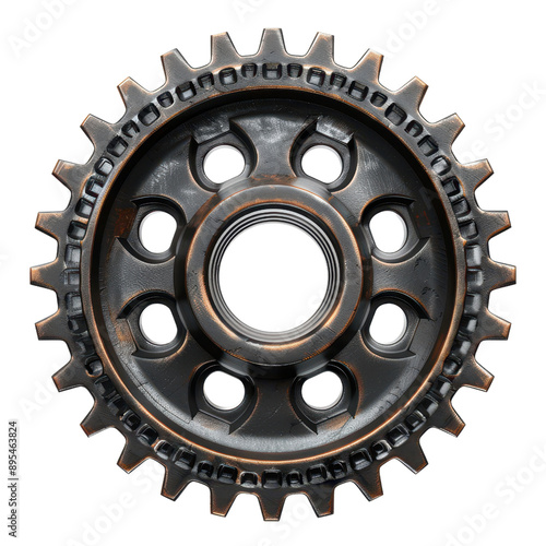 Close-up of a black metal gear featuring intricate details and a rusty finish, perfect for industrial or mechanical themes.