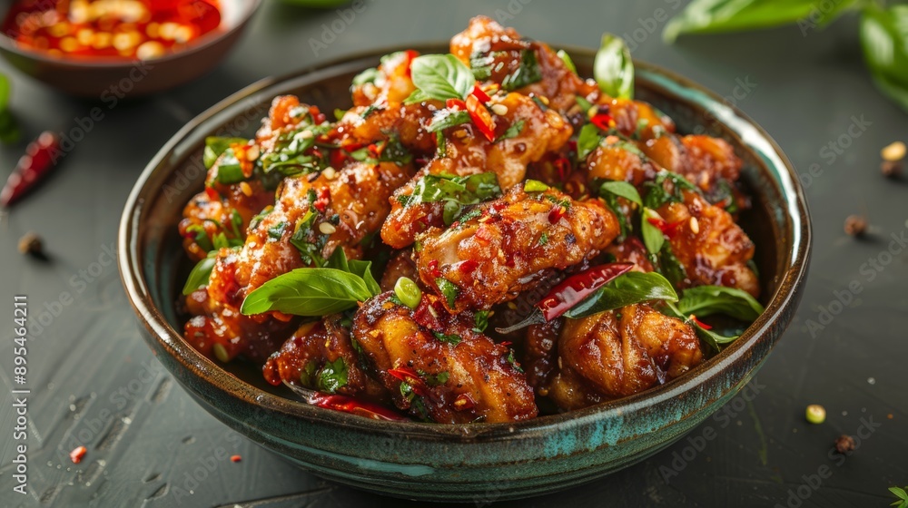 The national cuisine of Thailand. Fried chicken with chili and basil. The national cuisine of Thailand. Fried chicken with chili and basil.