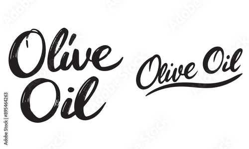 Collection of Olive Oil text lettering. Hand drawn vector art.